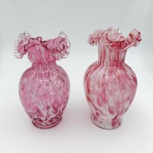 Pink Spatter Art Glass Vases Set of 2, Ruffled Crimped Rim, 6.5"
